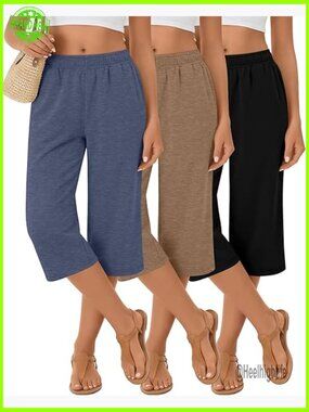 3 Pack Capri Yoga Pants Wide Leg Lounge Sweatpants with Pockets